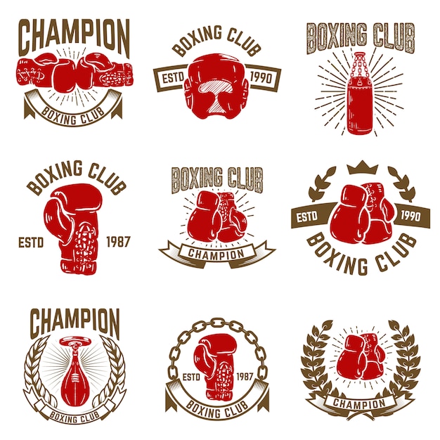 Vecteur ensemble des emblèmes du club de boxe. gants de boxe. éléments pour logo, étiquette, emblème, signe. illustration