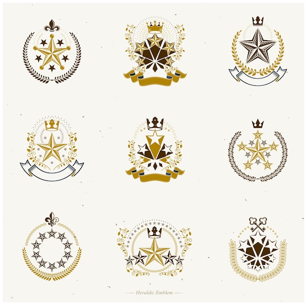 Vecteur ensemble d'emblèmes d'étoiles pentagonales. armoiries héraldiques, collection de logos vectoriels vintage.
