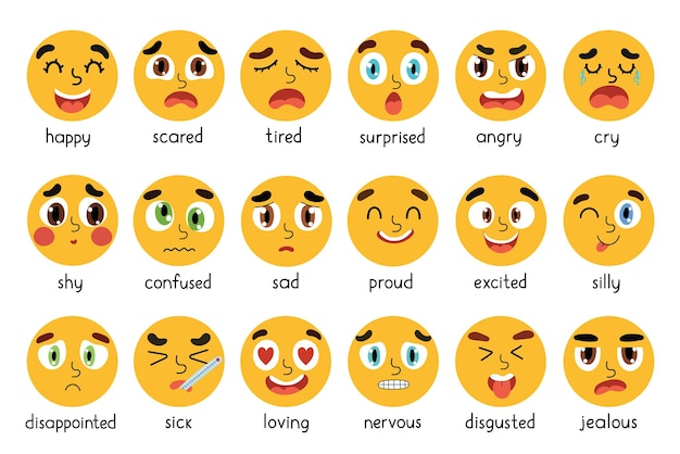 Ensemble D'emoji Drôles Ensemble D'expressions émotionnelles Différentes Collection D'émoticônes Avec Des Visages De Cercle Jaune