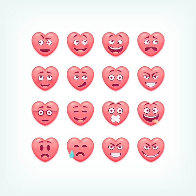 Ensemble d'émoticônes en forme de coeur. smileys romantiques et valentines, emojies.