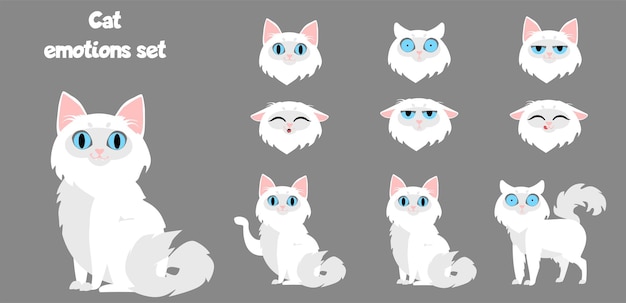 Ensemble D'émotions De Chat Blanc Angora Turc Dessin Animé Adorable Illustration