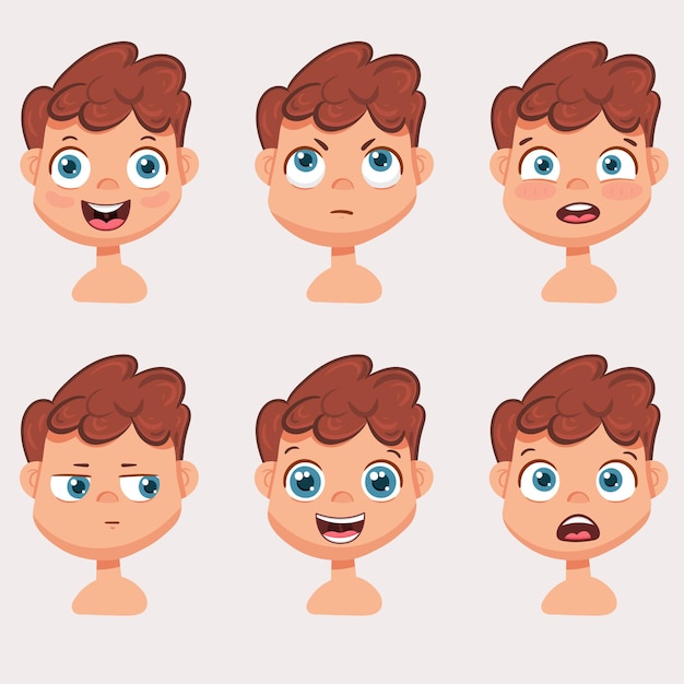 Ensemble D'émotions Faciales Masculines. Personnage Souriant De Jeune Homme Avec Différentes Expressions. Illustration En Style Cartoon