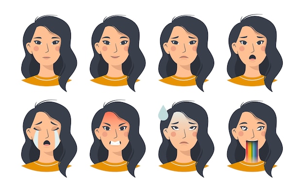 Vecteur ensemble d'émotions féminines asiatiques, expressions faciales