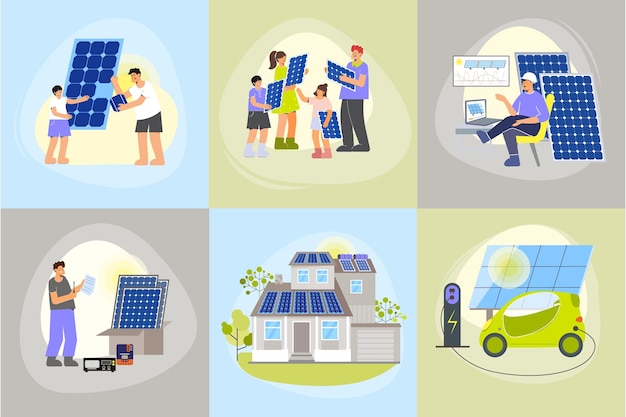 Ensemble D'énergie Solaire De Six Compositions Carrées Avec Des Panneaux Photovoltaïques De Personnages Humains Plats Et Illustration Vectorielle De Voiture électrique