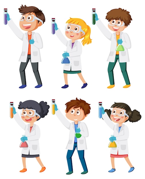 Ensemble d'enfants différents dans des tenues scientifiques