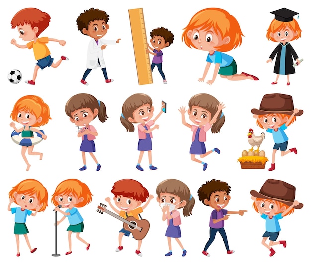 Ensemble d'enfants faisant différentes activités sur fond blanc