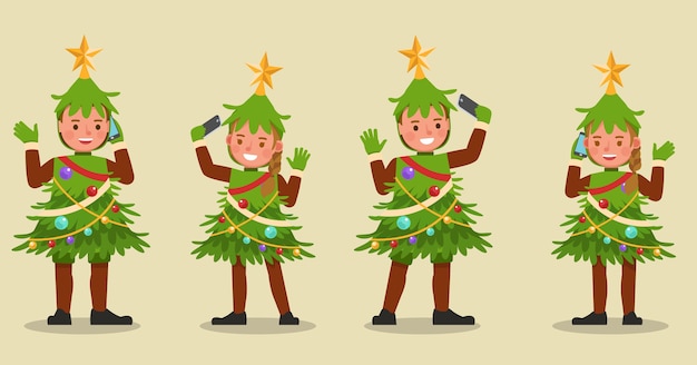 Ensemble D'enfants Garçon Et Fille Portant Des Personnages De Costumes D'arbre De Noël