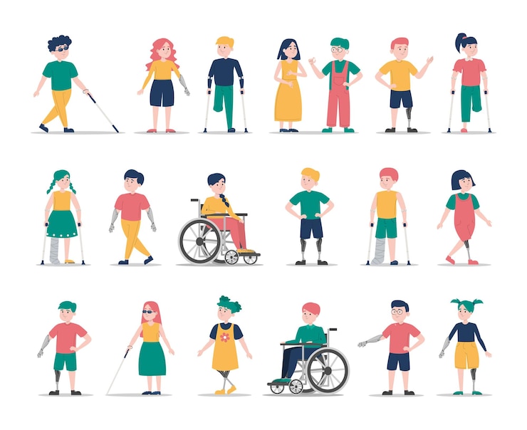 Vecteur ensemble d'enfants handicapés. collection de personnages enfants handicapés