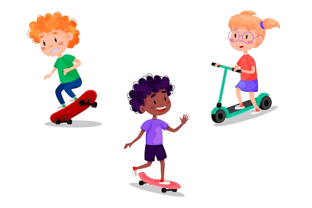 Vecteur ensemble d'enfants heureux sur patins, rouleaux, scooter et vélo. activités de plein air pour les vacances d'été pour les enfants. illustration sur fond blanc isolé.