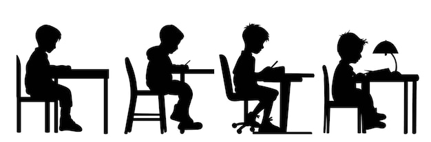 Ensemble d'enfants silhouette à l'école assis à leur bureau vecteur