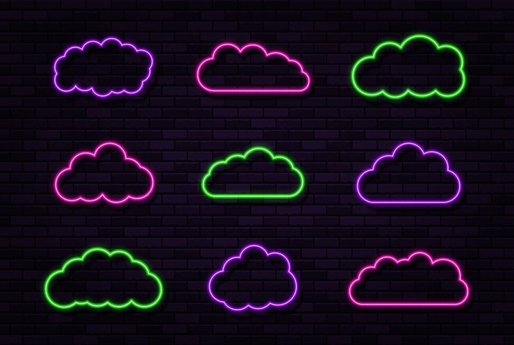 Ensemble d'enseignes au néon de nuages sur le cadre de lumière électrique abstrait de fond de mur de briques noires