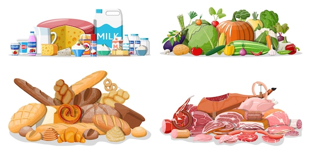 Ensemble d'épicerie. Collecte d'épicerie. Supermarché. Nourriture et boissons biologiques fraîches. Lait, légumes, viande, poulet, fromage, saucisses, salade, pain aux céréales steak. Style plat d'illustration vectorielle