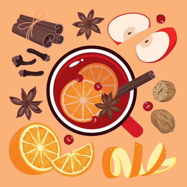 Un ensemble d'épices et d'ingrédients pour le vin chaud Une grande tasse rouge de vin chaud avec des épices
