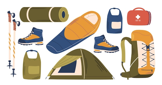 Ensemble D'équipement Alpiniste Tente Sac De Couchage Sac à Dos Trousse De Premiers Soins Bâtons De Tapis Et Bottes Spécialisées Outils Essentiels Assurer La Sécurité Tout En Conquérant Le Terrain Alpin Dessin Animé Illustration Vectorielle