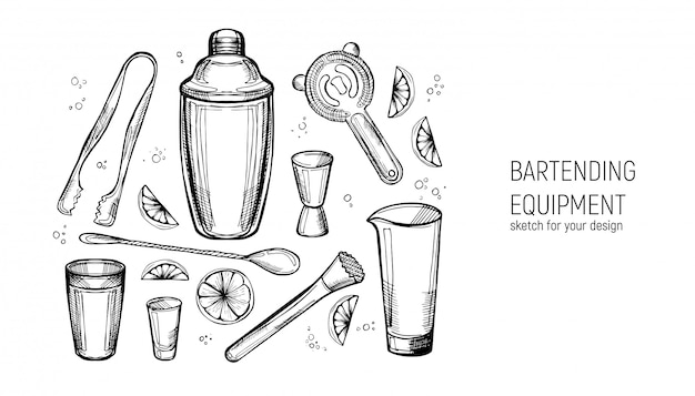 Ensemble d'équipement de barman. Shaker, jigger, cuillère, mélange de verre, pilon, passoire, pince à glace. Croquis dessiné à la main.