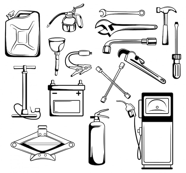 Ensemble D'équipement Pour Réparer Une Voiture. Collecte Pour Contrôle Technique Des Véhicules.