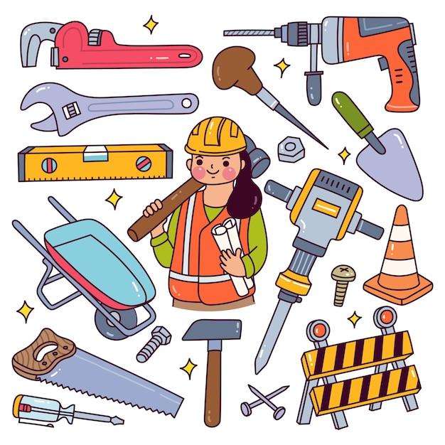 Ensemble d'équipement de travailleur de la construction dans le style Doodle