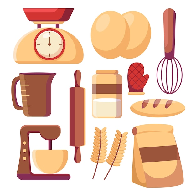 Ensemble d'équipements de boulangerie outils de cuisson pains pâtisseries telles que les bouilloires de machine de mélangeur d'échelle et autres dans le style de dessin sur illustration vectorielle fond blanc