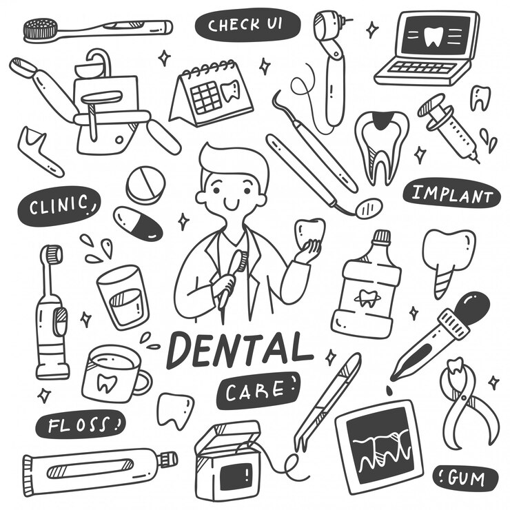 Vecteur ensemble d'équipements de dentiste doodle