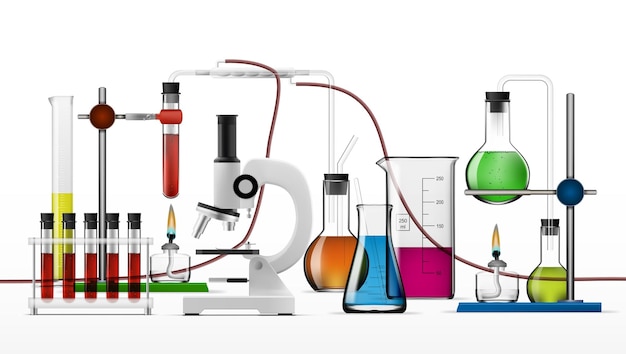 Vecteur ensemble d'équipements de laboratoire chimique réaliste flacons en verre béchers lampes à esprit