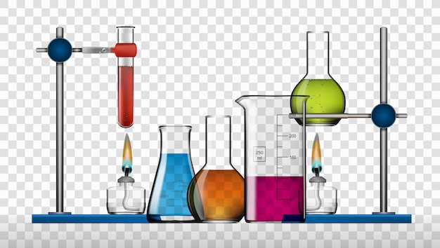 Ensemble d'équipements de laboratoire chimique réaliste Flacons en verre Béchers Lampes à esprit