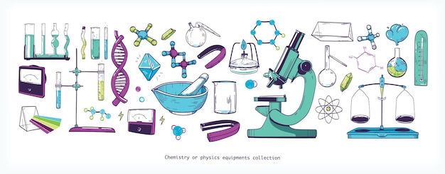 Ensemble D'équipements Et D'outils De Laboratoire De Chimie Et De Physique Isolés Sur Fond Blanc - Microscope, Tubes à Essai Et Flacons, Structures Moléculaires, Prisme. Illustration Vectorielle Colorée Dessinée à La Main.