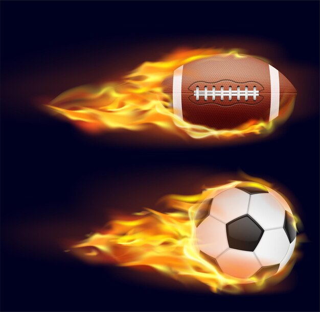 Ensemble d'équipements sportifs isolés sur un fond blanc 3D abstrait ballon de feu de football de football en flammes