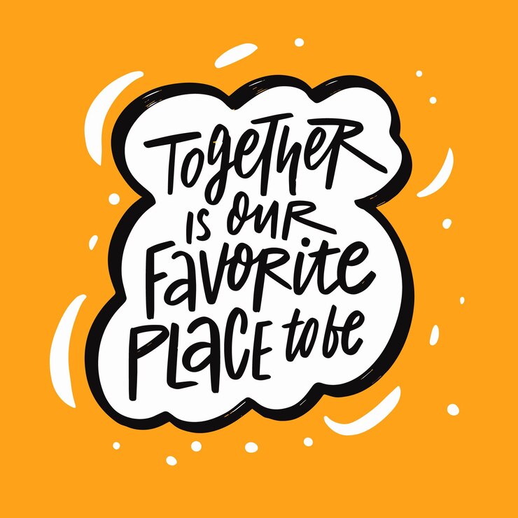 Vecteur ensemble est notre endroit préféré pour être. texte de couleur noire dessiné à la main. lettrage de phrase de motivation. illustration vectorielle autocollant. fond de couleur orange.