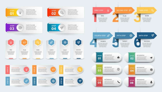 Ensemble d'étapes de conception de modèle d'infographie de processus de chronologie de visualisation de données d'entreprise avec des icônes