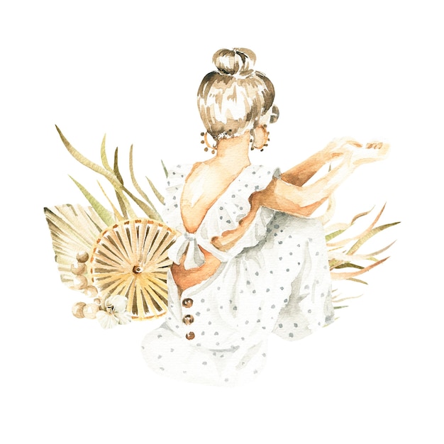 Ensemble D'été Aquarelle Fille De Mode En Robe D'été Assis Sur La Plage De La Mer Avec Des Feuilles De Palmier Tropiques De Sac Boho