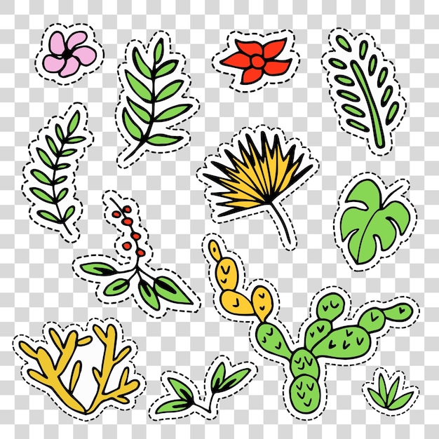 Vecteur ensemble d'été de feuilles colorées mignonnes isolées patches en doodle st