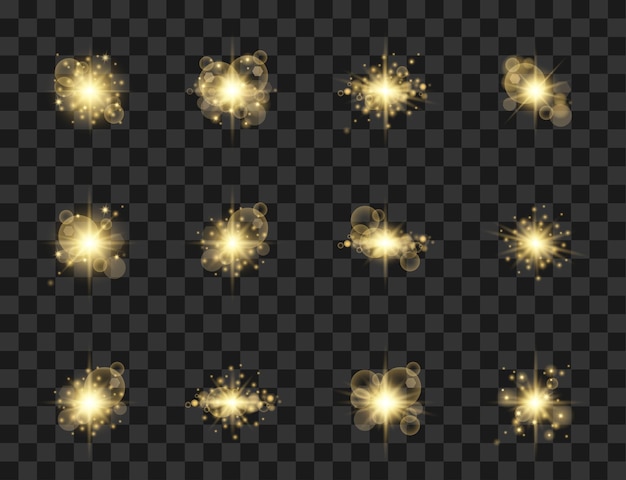 Vecteur un ensemble d'étincelles dorées, de paillettes, d'éclat, de rayonnement, de poussière magique, d'étoiles, de lumières bokeh brillantes et lumineuses.