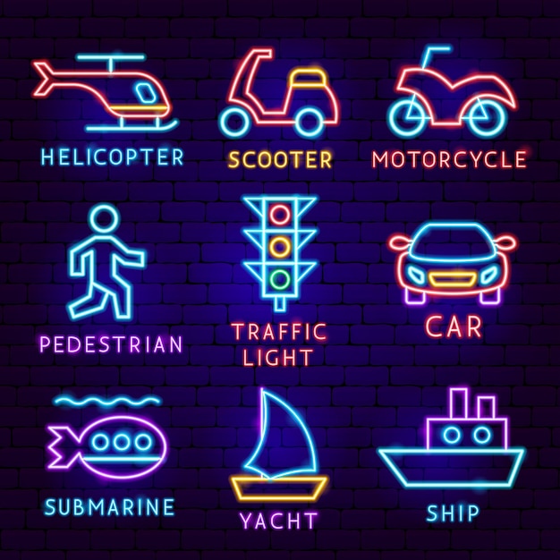 Ensemble D'étiquettes Au Néon De Transport. Illustration Vectorielle De La Promotion Des Transports.