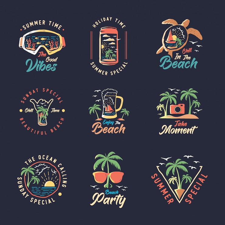 Vecteur ensemble d'étiquettes de badges d'été vintage, emblèmes et logo