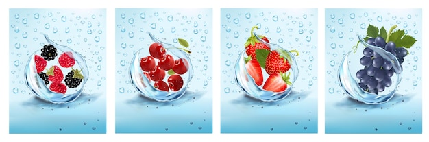 Un Ensemble D'étiquettes Avec Des Boissons Aux Fruits Et Aux Baies Fruits Frais Et Baies Dans L'eau éclabousse Et Gouttes Fraises Framboises Mûres Cerises Et Raisins Illustration Vectorielle