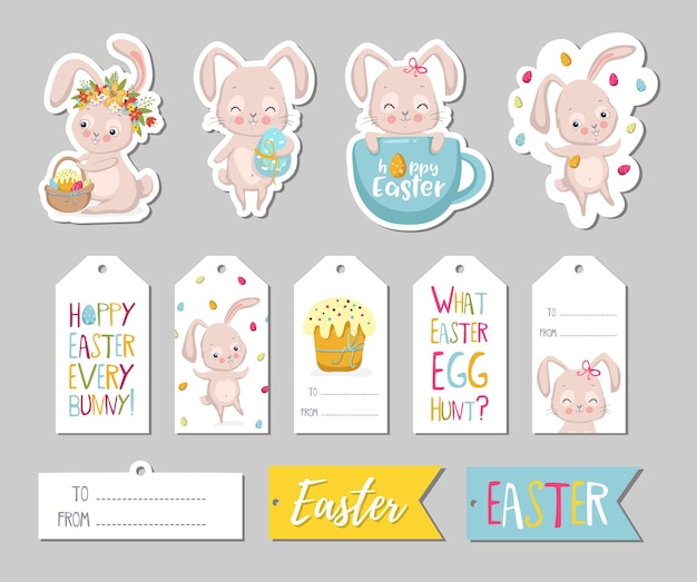 Ensemble D'étiquettes-cadeaux De Pâques éléments De Scrapbooking étiquettes Badges Avec Des Lapins Mignons Et Lettrage Autocollants De Voeux De Pâques Avec Des Oeufs De Fleurs De Lapin Illustration Vectorielle Eps10