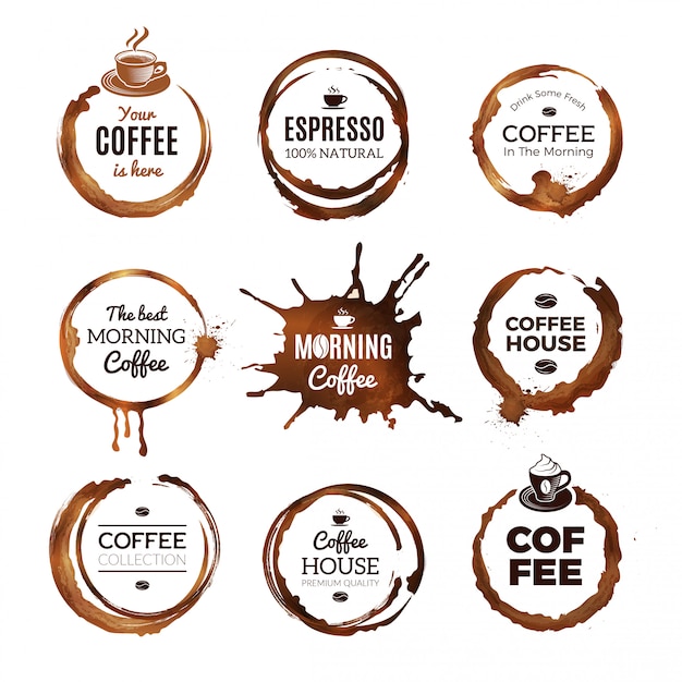 Ensemble D'étiquettes De Café Anneaux. Conception De Badges Avec Des Cercles De Modèle De Vecteur De Tasse De Moka Expresso Thé Ou Café Avec Place Pour Le Texte