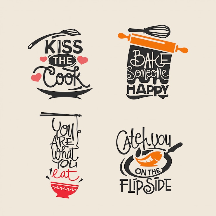 Vecteur ensemble d'étiquettes de cuisine et de cuisine, coupe de papier de typographie et lettrage