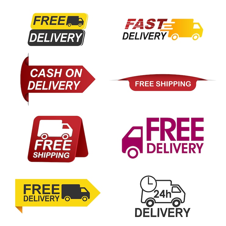 Vecteur ensemble d'étiquettes et d'étikettes de livraison logo de vente en ligne affiche d'entreprise étiquettes de livraisons icônes d'expédition