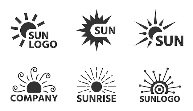 Ensemble D'étiquettes Plates De Logo De Soleil Dessin Animé été Rayons De Soleil Lever Du Soleil Insigne De Coucher De Soleil Emblème D'entreprise De Soleil De Forme Variée étiquette Solaire Graphique Simple Logotype Chaud Ensoleillé Avec Le Nom De L'entreprise Isolé Sur Blanc