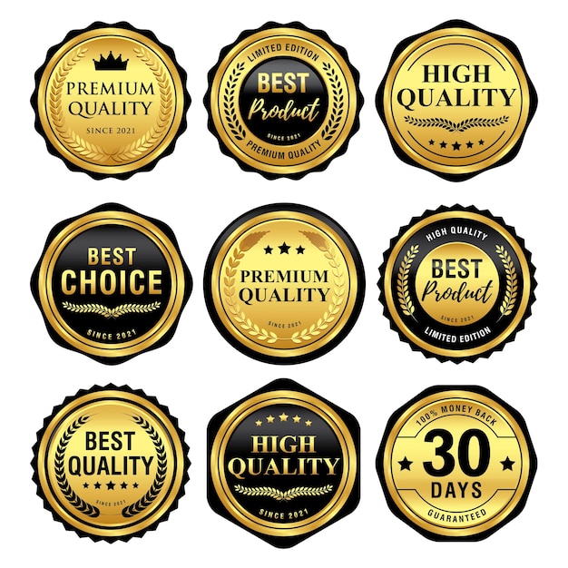 Vecteur ensemble d'étiquettes de qualité de badges de luxe noir et or