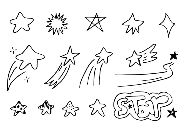 Ensemble d'étoiles dessinées à la main Collection de doodles étoiles sur fond blanc