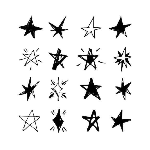 Ensemble d'étoiles de griffonnage Symboles d'étoiles et d'étincelles dessinés à la main