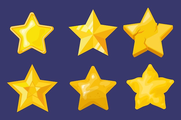 Ensemble d'étoiles jaunes brillantes dans le style de dessin animé Illustration vectorielle de symboles d'éters de différentes formes avec des coins tranchants, des symboles doux isolés sur un fond bleu foncé.