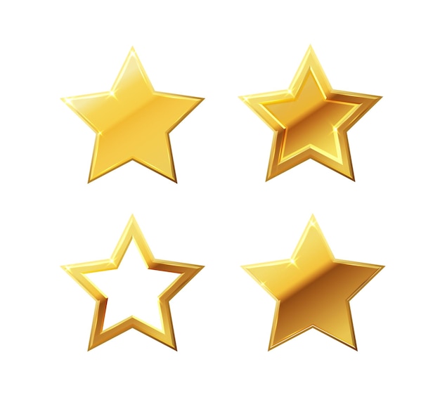 Ensemble d'étoiles vectorielles d'étoiles dorées métalliques réalistes isolées sur fond blanc Icône étoile trophée 3D jaune brillant