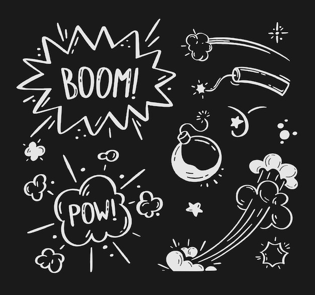 Vecteur ensemble d'explosions et de bombes comiques bulles avec les mots bom boom pow vector doodle