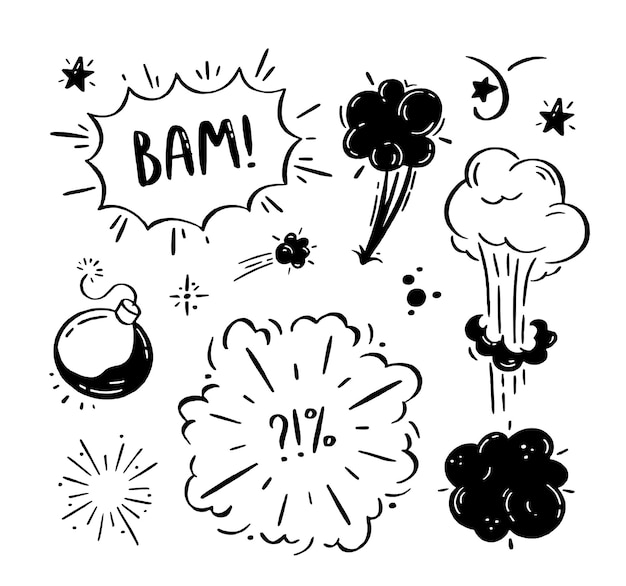 Vecteur ensemble d'explosions et de bombes comiques bulles avec les mots bom boom pow vector doodle