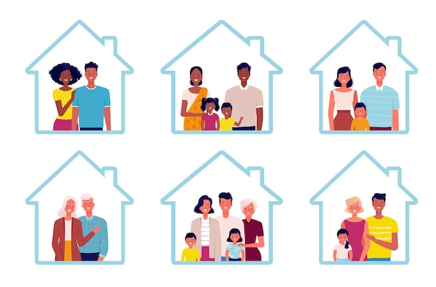 Vecteur un ensemble de familles de nationalités différentes restent à la maison. différentes familles, jeunes et moins jeunes, avec et sans enfants. les gens à la maison