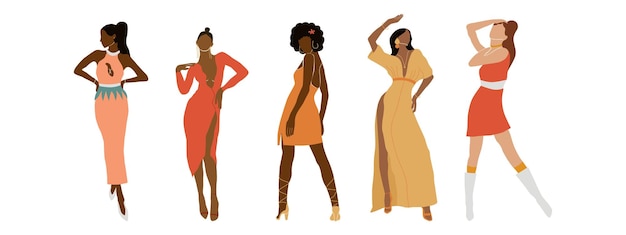 Ensemble de femmes abstraites élégantes en robe Collection de diversité élégante femme sans visage Illustration vectorielle minimale moderne isolée sur fond blanc
