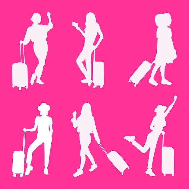 Vecteur un ensemble de femmes dessinées à la main par vecteur voyagent avec une silhouette de valise